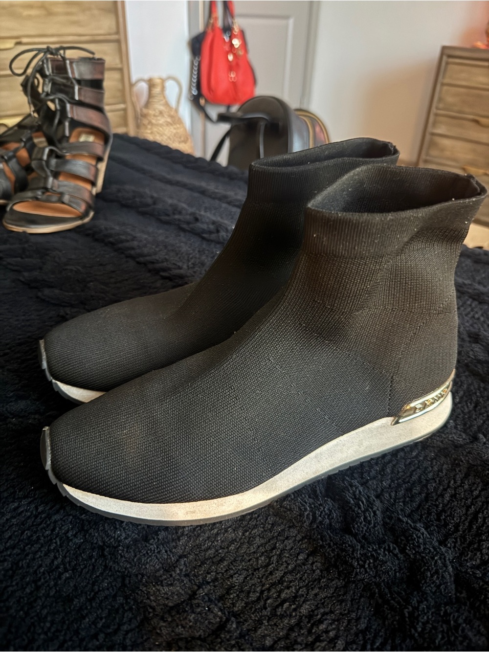DKNY Black Stretch Knit Sock Ankle Sneakers with Silver Accent